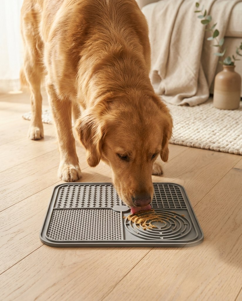 Golden retriever licking peanut butter from a grey Rootle lick mat on a wooden floor