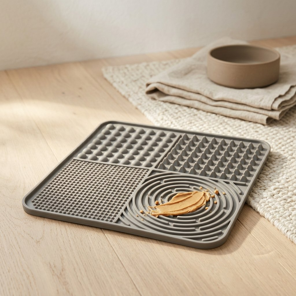 Grey square silicone lick mat with four textured zones and a swirl of peanut butter, on a wooden floor