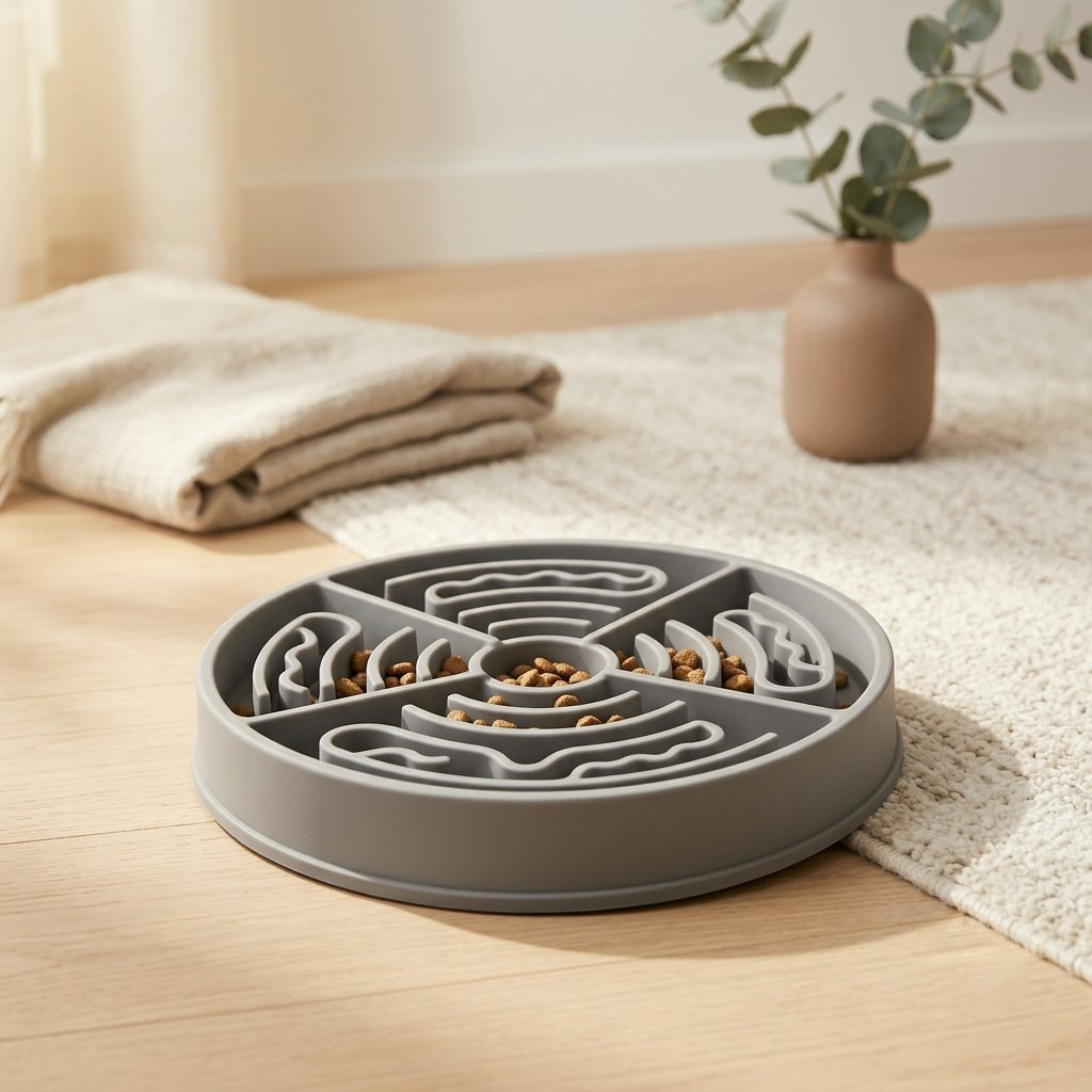 Grey silicone slow-feeder bowl with a maze pattern, half-filled with kibble on a wooden floor
