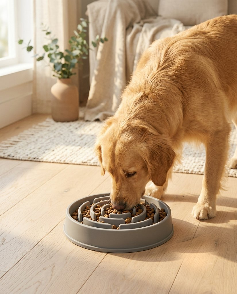 Golden retriever bent over a grey Rootle slow-feeder bowl in a sunlit living room