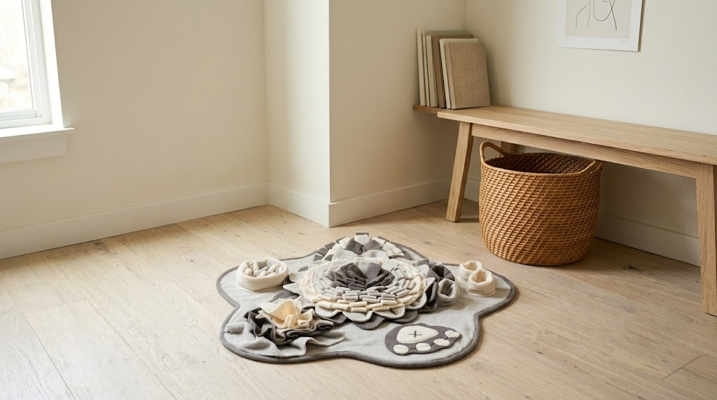 A Rootle forage mat resting on a hardwood floor beside a wood bench and woven basket in a calm, modern room